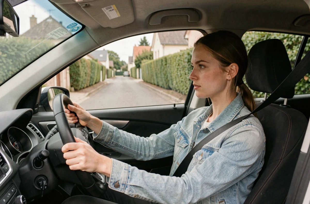Jeune femme au volant lors d'une leçon de conduite à Pole Position Auto Moto School à Ozoir-la-Ferrière