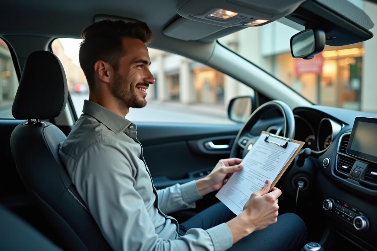 Jeune homme au premier emploi signant un contrat de location de voiture à petit prix à l'intérieur d'un véhicule compact
