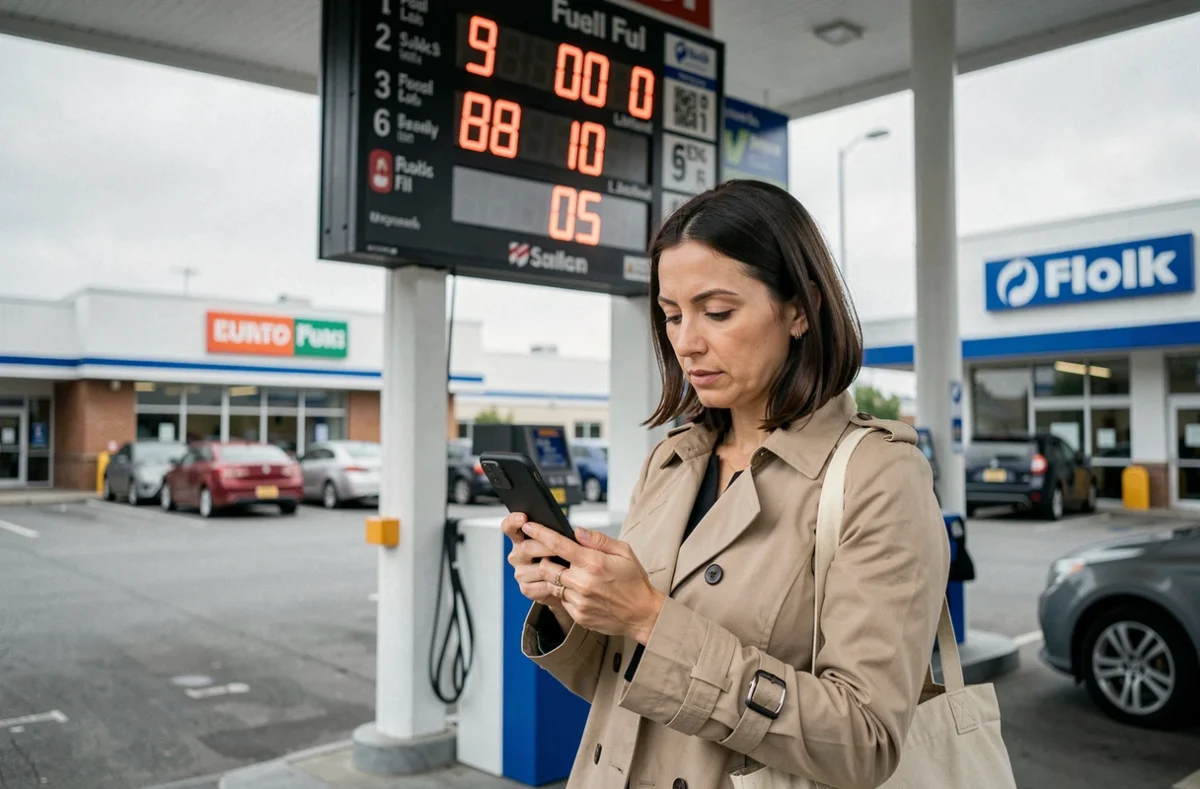 Femme consultant les prix du carburant sur un panneau d'affichage d'une station-service à Roanne pour trouver l'essence la moins chère