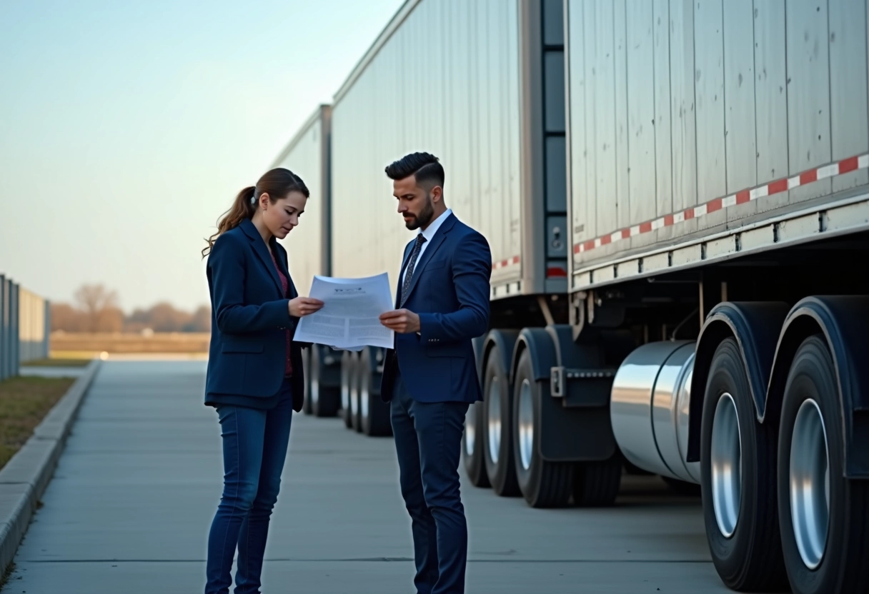Deux professionnels inspectant des schémas techniques de remorques