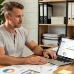 Propriétaire immobilier débutant analysant des données de trafic sur un ordinateur portable dans un bureau à domicile organisé