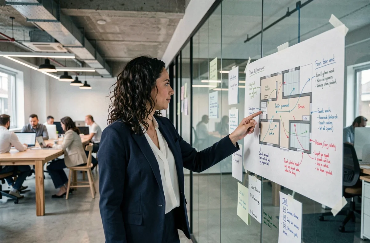 Femme propriétaire présentant un plan d'analyse de trafic annoté dans un espace de co-working moderne