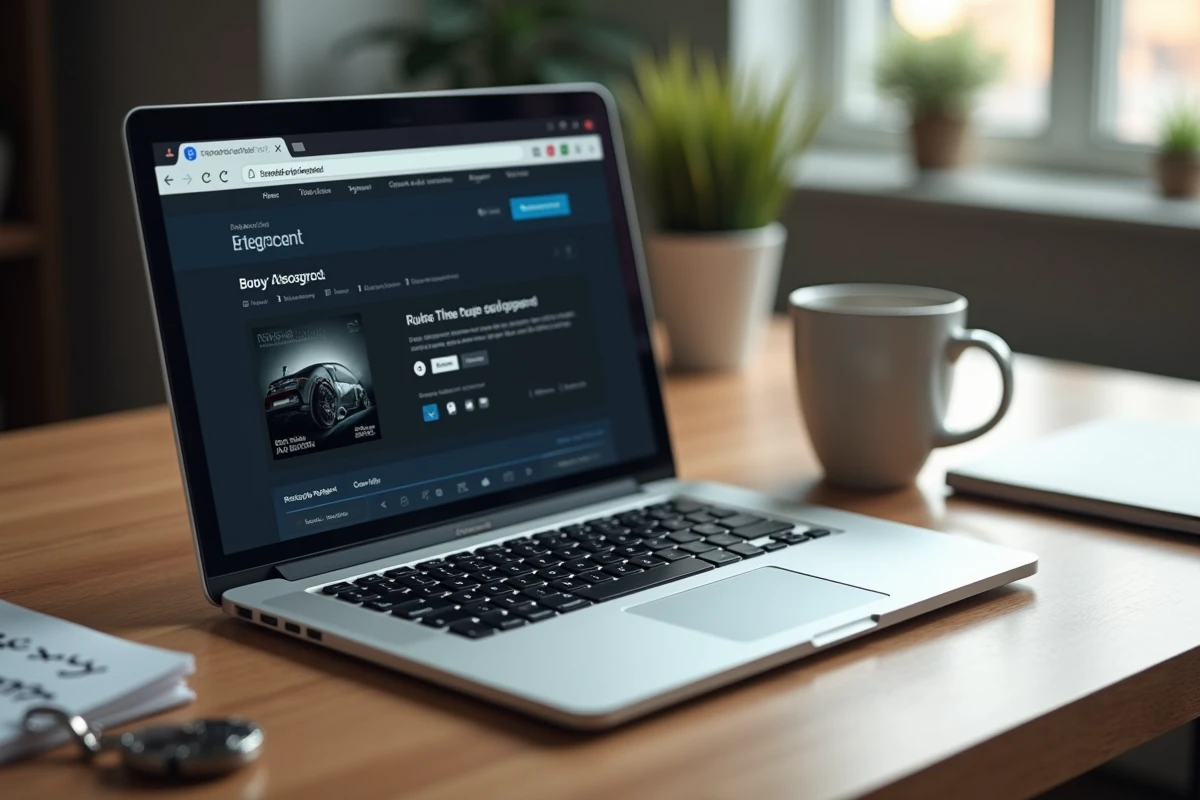 Ordinateur portable sur un bureau avec recherche de la musique d'une publicité Peugeot
