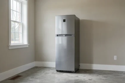 Réfrigérateur compact installé dans un garage rangé