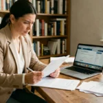 Femme consultant des documents de résiliation d'assurance scooter à son bureau à domicile