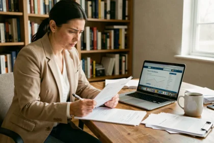 Femme consultant des documents de résiliation d'assurance scooter à son bureau à domicile
