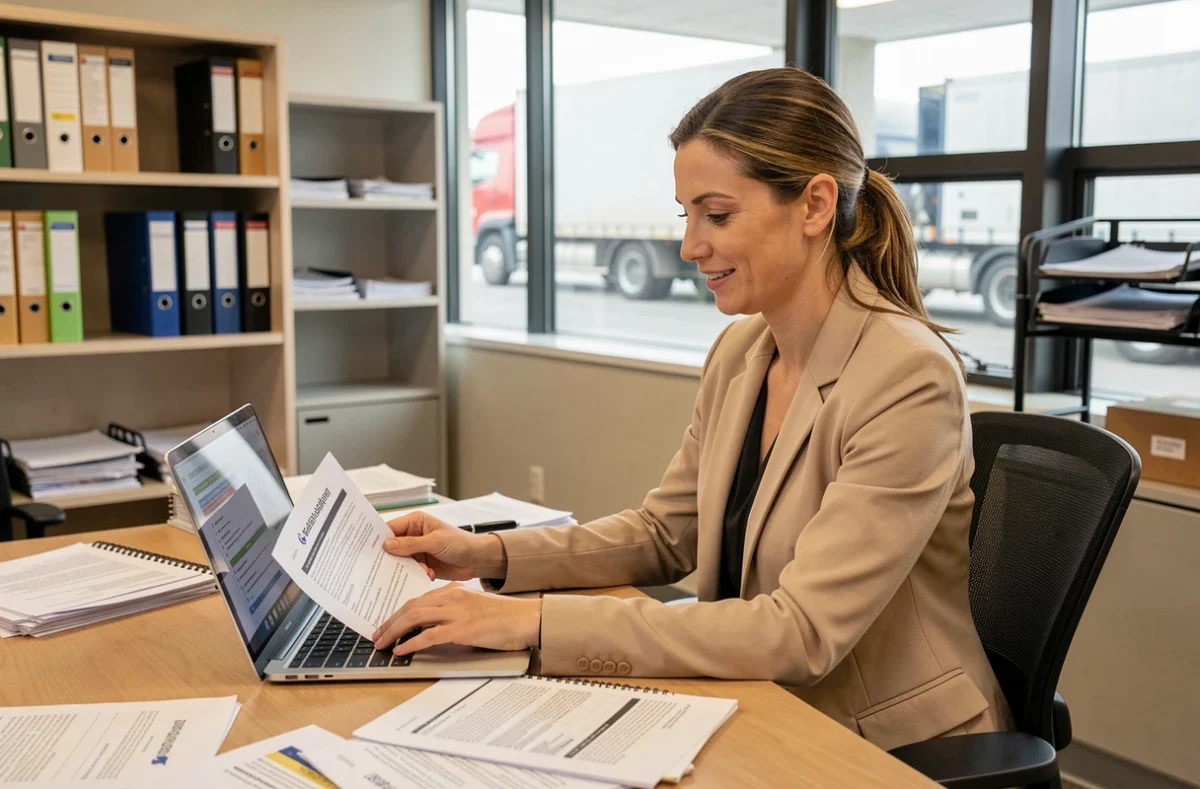 Responsable logistique comparant des offres d'assurance camion sur ordinateur portable dans un bureau de transport