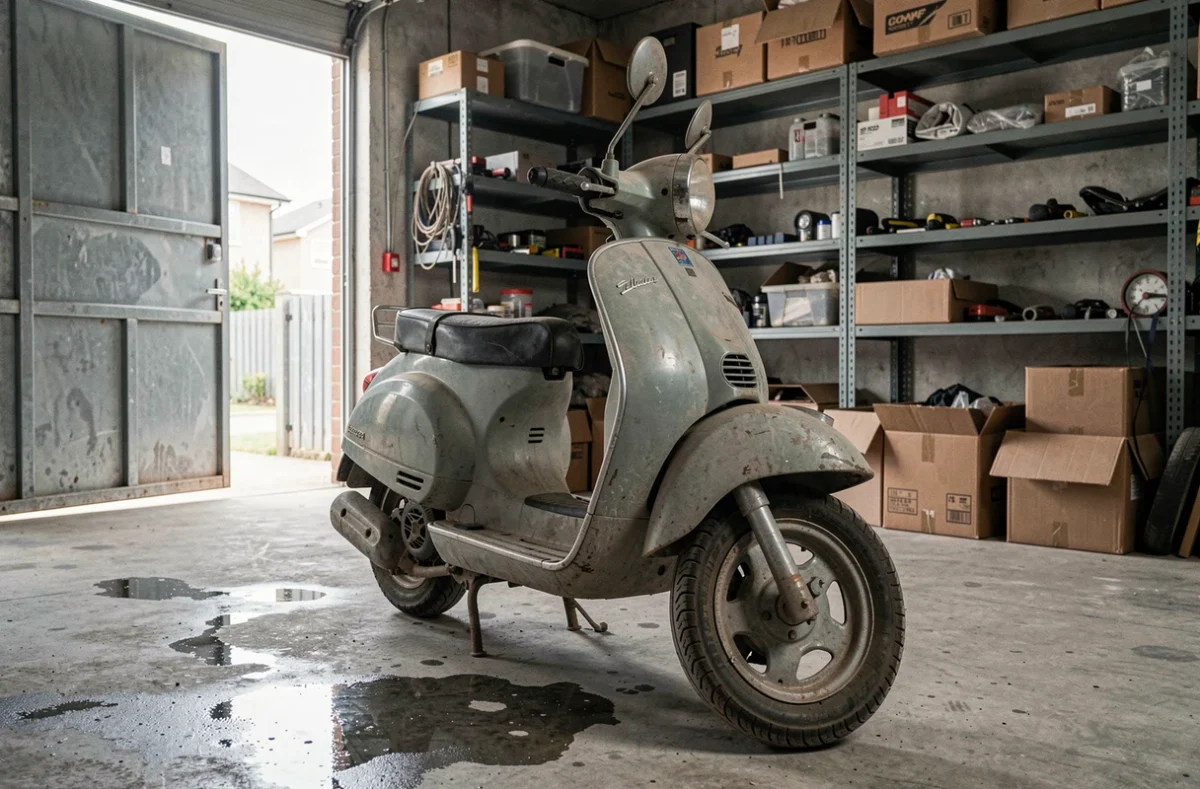 Scooter à l'abandon dans un garage poussiéreux illustrant une moto hors d'usage