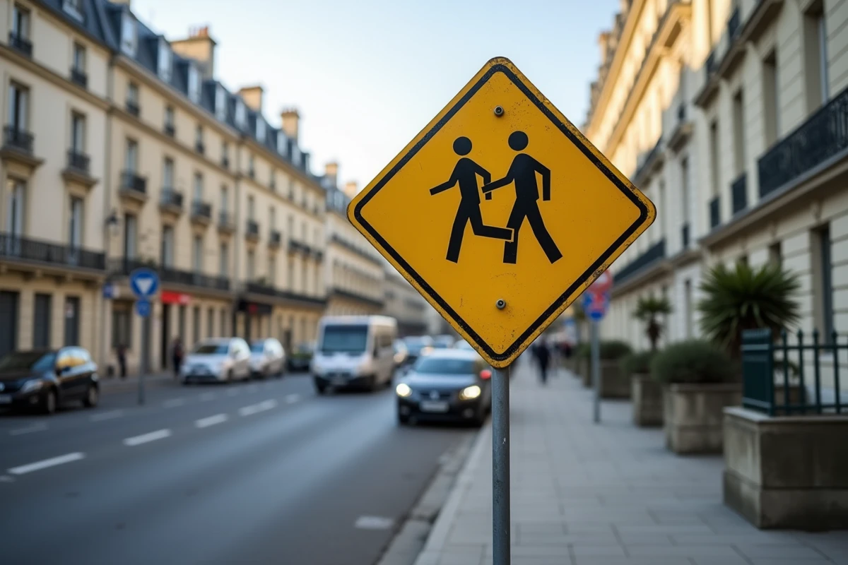 Poteau signalétique urbain avec panneau route prioritaire et fin de priorité dans une rue de ville française