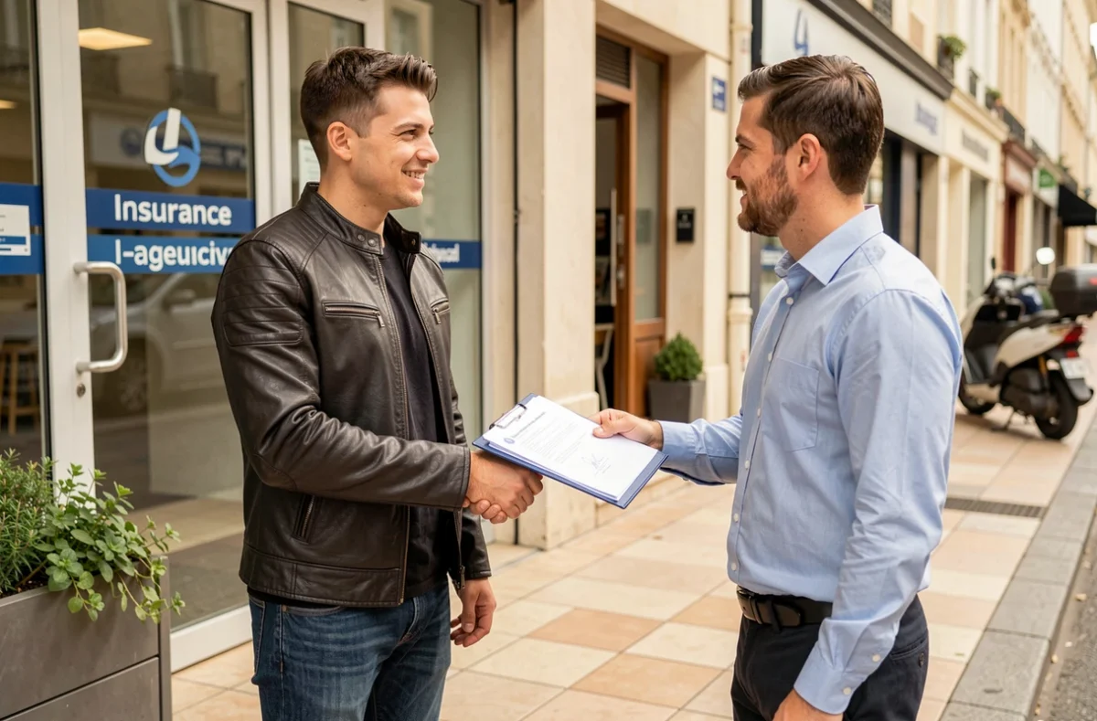 Motard signant un nouveau contrat d'assurance moto avec un conseiller devant une agence