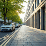 Rue urbaine en été avec voiture sur le trottoir et bâtiments modernes