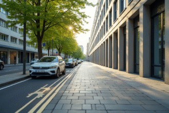 Rue urbaine en été avec voiture sur le trottoir et bâtiments modernes