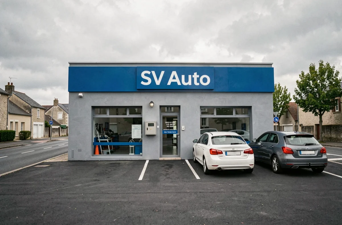 Façade extérieure de SV Auto, garage automobile moderne avec des voitures garées devant dans l'Indre