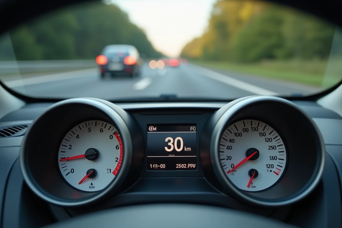 Tableau de bord avec tachymètre indiquant le régime moteur économique à 130 km/h sur autoroute