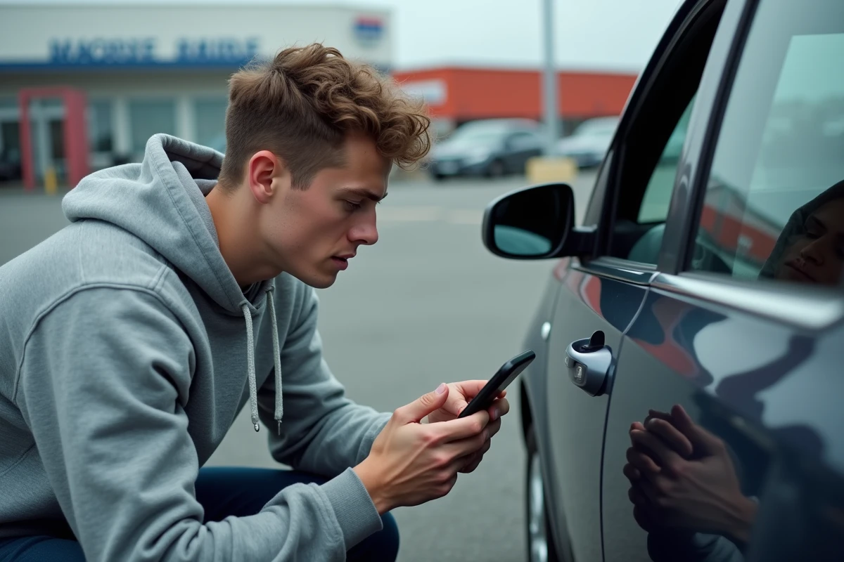 Jeune homme consultant une application de tarif carte grise devant sa voiture dans un parking de centre auto