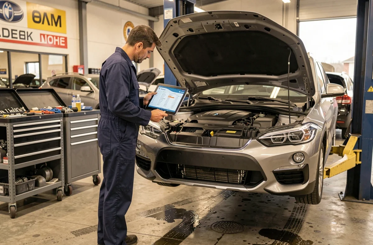Technicien BMW inspectant le moteur d'un X1 F48 sur pont élévateur dans un atelier agréé pour diagnostic de fiabilité