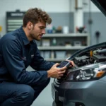 Technicien automobile connectant un scanner OBD pour diagnostiquer les erreurs du système DME sur un véhicule en atelier