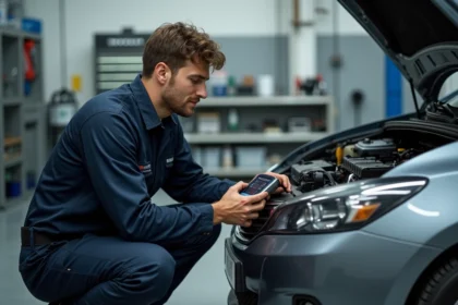 Technicien automobile connectant un scanner OBD pour diagnostiquer les erreurs du système DME sur un véhicule en atelier