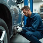 Technicien automobile inspectant une boîte de vitesses automatique Eat8 sous un véhicule surélevé dans un garage professionnel