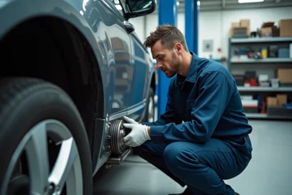 Technicien automobile inspectant une boîte de vitesses automatique Eat8 sous un véhicule surélevé dans un garage professionnel