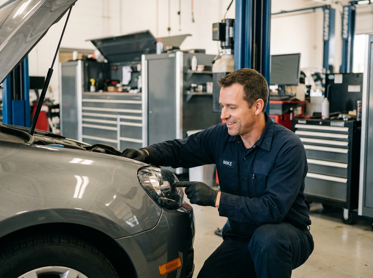Technicien automobile inspectant le bloc optique et les feux de jour d'un véhicule en atelier