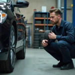 Technicien automobile inspectant un pneu toutes saisons monté dans un garage professionnel