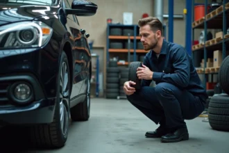 Technicien automobile inspectant un pneu toutes saisons monté dans un garage professionnel