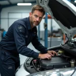 Technicien automobile inspectant le système antipollution d'une Peugeot 207 dans un garage professionnel