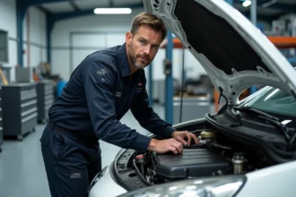Technicien automobile inspectant le système antipollution d'une Peugeot 207 dans un garage professionnel