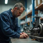 Technicien en overalls appliquant du lubrifiant sur un PT Drive