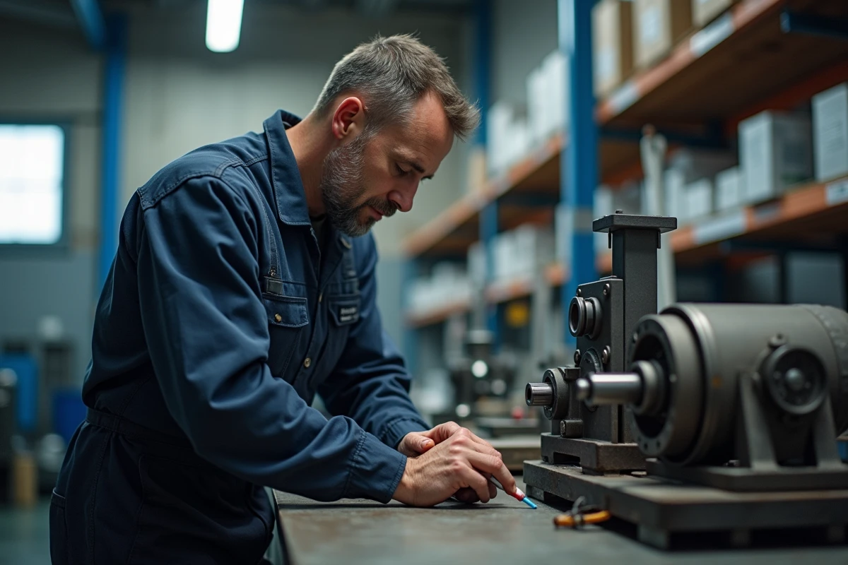 Technicien en overalls appliquant du lubrifiant sur un PT Drive