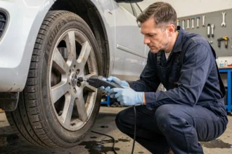 Technicien automobile testant un capteur ABS sur la roue avant d'une berline avec un scanner OBD dans un garage professionnel