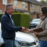 Homme d'âge moyen remettant clés et dossier à une femme devant une voiture