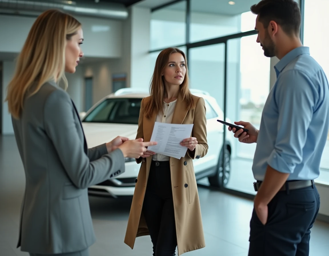 Acheteuse prudente vérifiant l'historique d'un véhicule avec un vendeur lors d'une transaction de voiture d'occasion