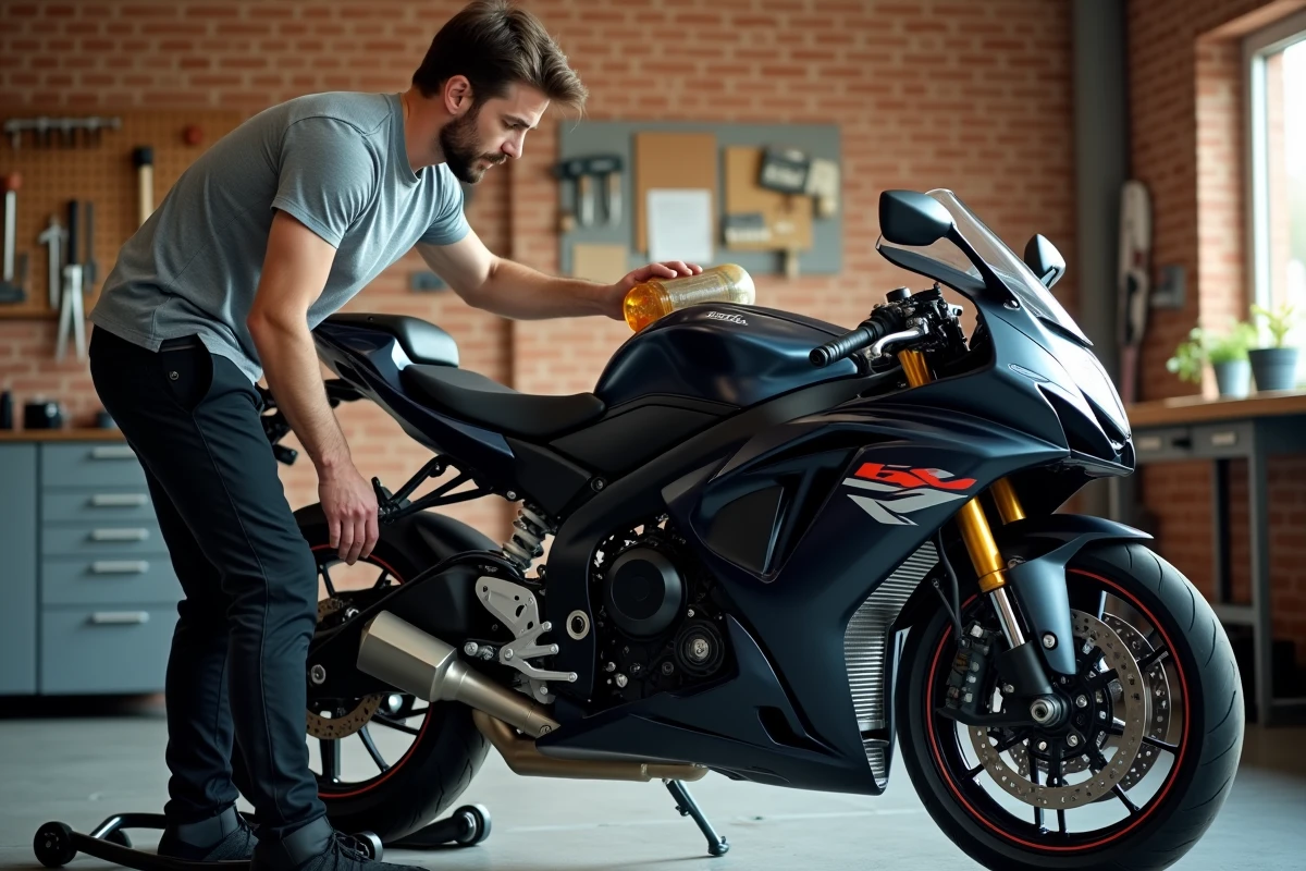 Propriétaire effectuant une vidange d'huile moteur sur sa Suzuki GSX 600 R dans un garage particulier