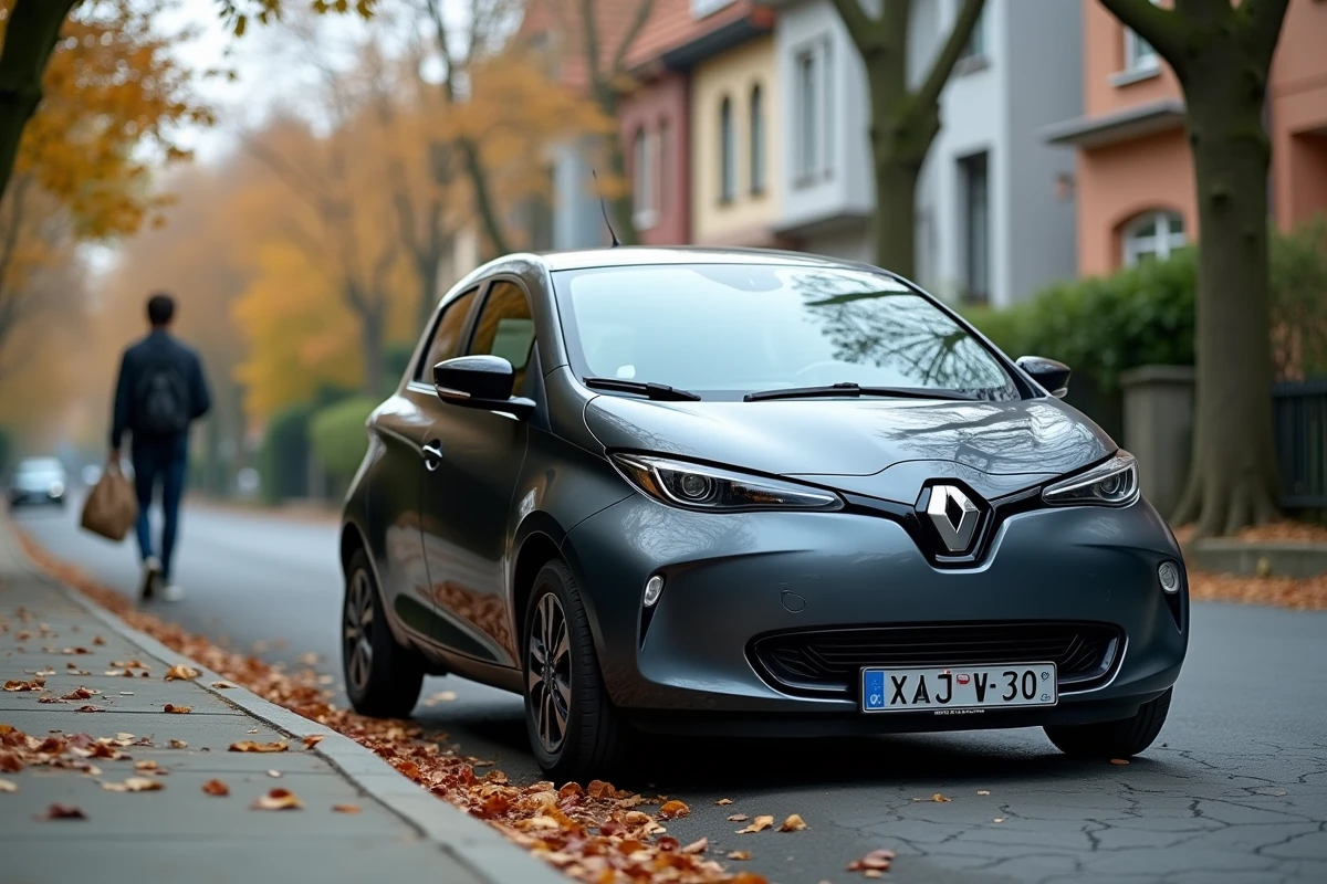 Voiture compacte abordable garée dans une rue résidentielle urbaine avec un jeune locataire en arrière-plan, illustrant une offre à 59 euros par mois