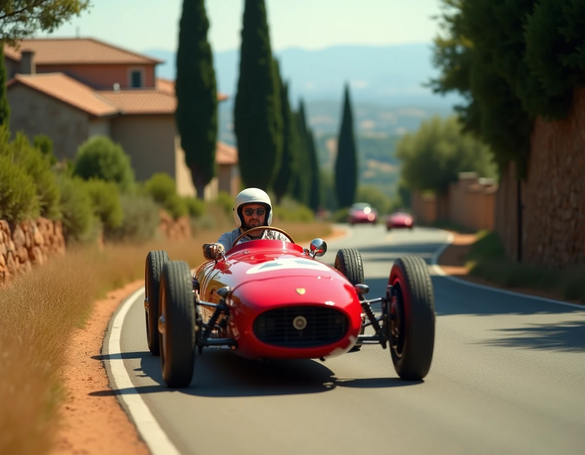 Voiture de course rouge des années 1930 en pleine action sur une route de campagne italienne, pilote en tenue d'époque évoquant les origines de la Scuderia Ferrari