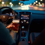 Voiture la nuit avec main sur verre de biere