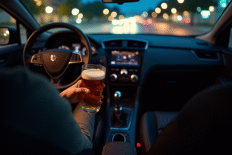 Voiture la nuit avec main sur verre de biere