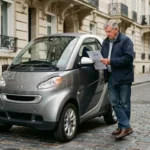 Homme examinant le prix d'une voiture sans permis 5 places d'occasion dans une rue urbaine française