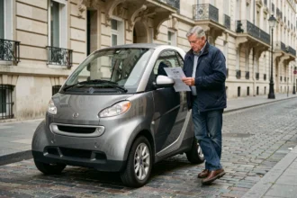 Homme examinant le prix d'une voiture sans permis 5 places d'occasion dans une rue urbaine française