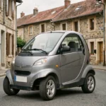 Voiture sans permis d'occasion grise garée dans une rue résidentielle en Isère