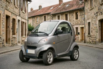 Voiture sans permis d'occasion grise garée dans une rue résidentielle en Isère