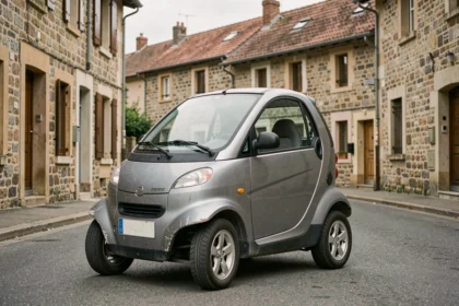 Voiture sans permis d'occasion grise garée dans une rue résidentielle en Isère