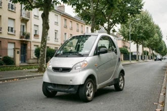 Voiture sans permis d'occasion en stationnement dans une rue résidentielle française, modèle compact à petit prix