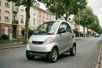 Voiture sans permis d'occasion en stationnement dans une rue résidentielle française, modèle compact à petit prix