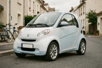 Voiture sans permis compacte garée dans une rue résidentielle française, vue trois quarts avant