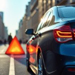 Voiture garée en ville avec triangle d'alerte orange