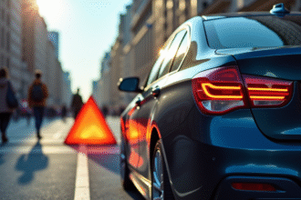 Voiture garée en ville avec triangle d'alerte orange