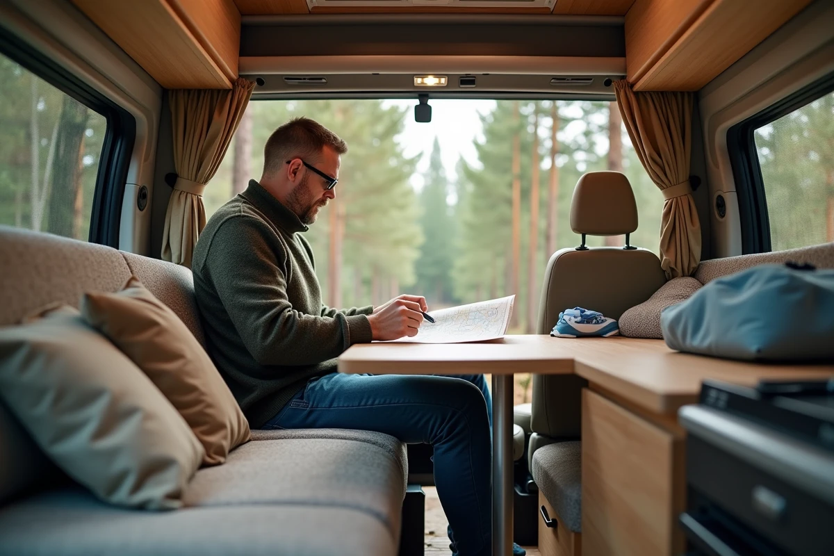 Homme seul lisant une carte dans un van